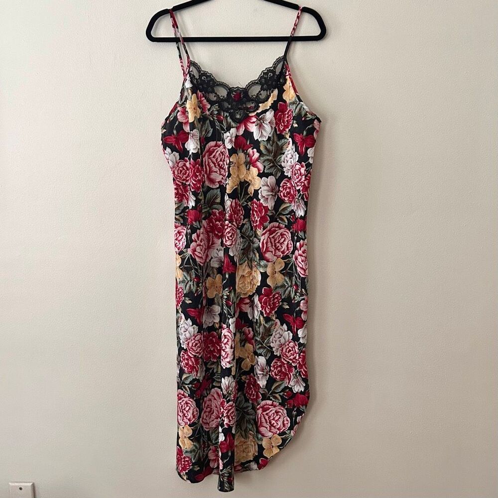 VTG 90s Inner Most Slip Dress Satin Lace Floral Red Pink Roses Asymmetrical Sz L